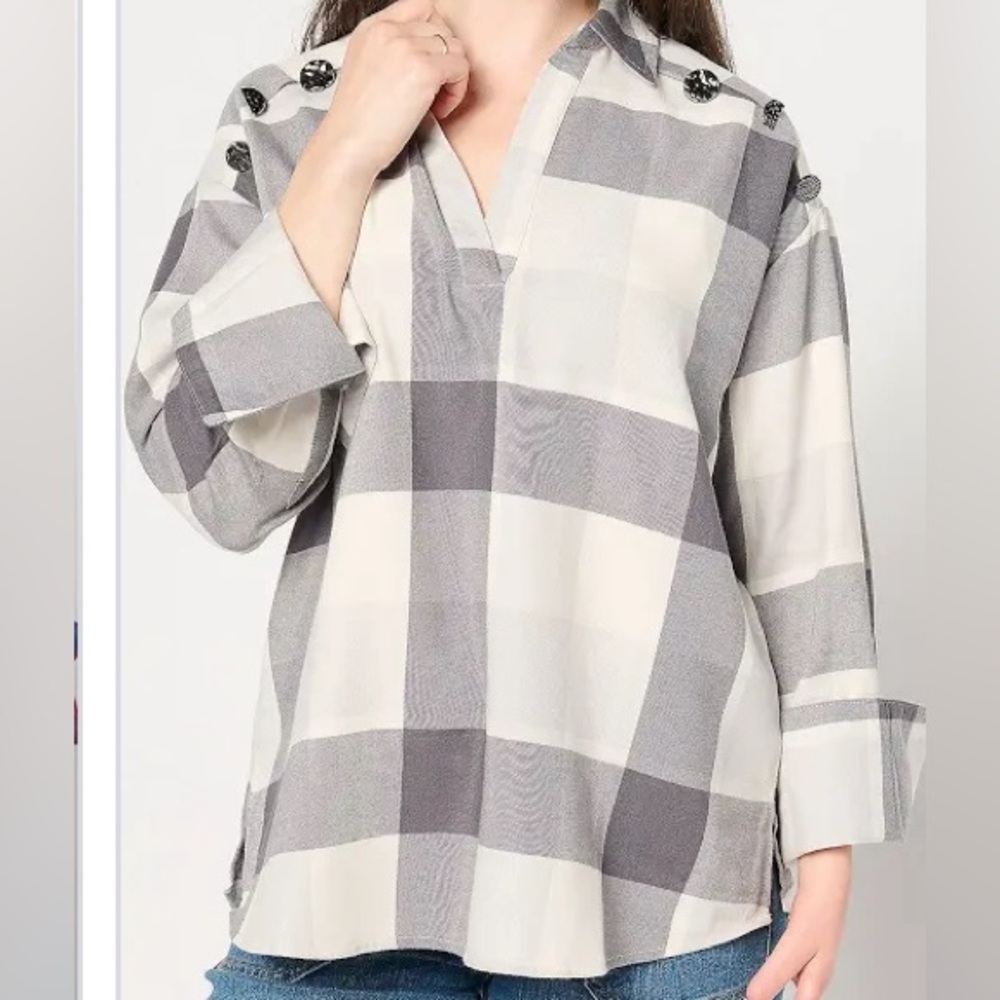 New Peace Love World Button Detail Popover Shirt Slate Grey size 2X